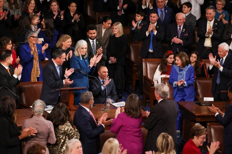House Democratic Caucus Chairman Pete Aguilar and Speaker Emerita Nancy Pelosi applaud House Minority Leader Hakeem Jeffries during the Speaker of the House in January.