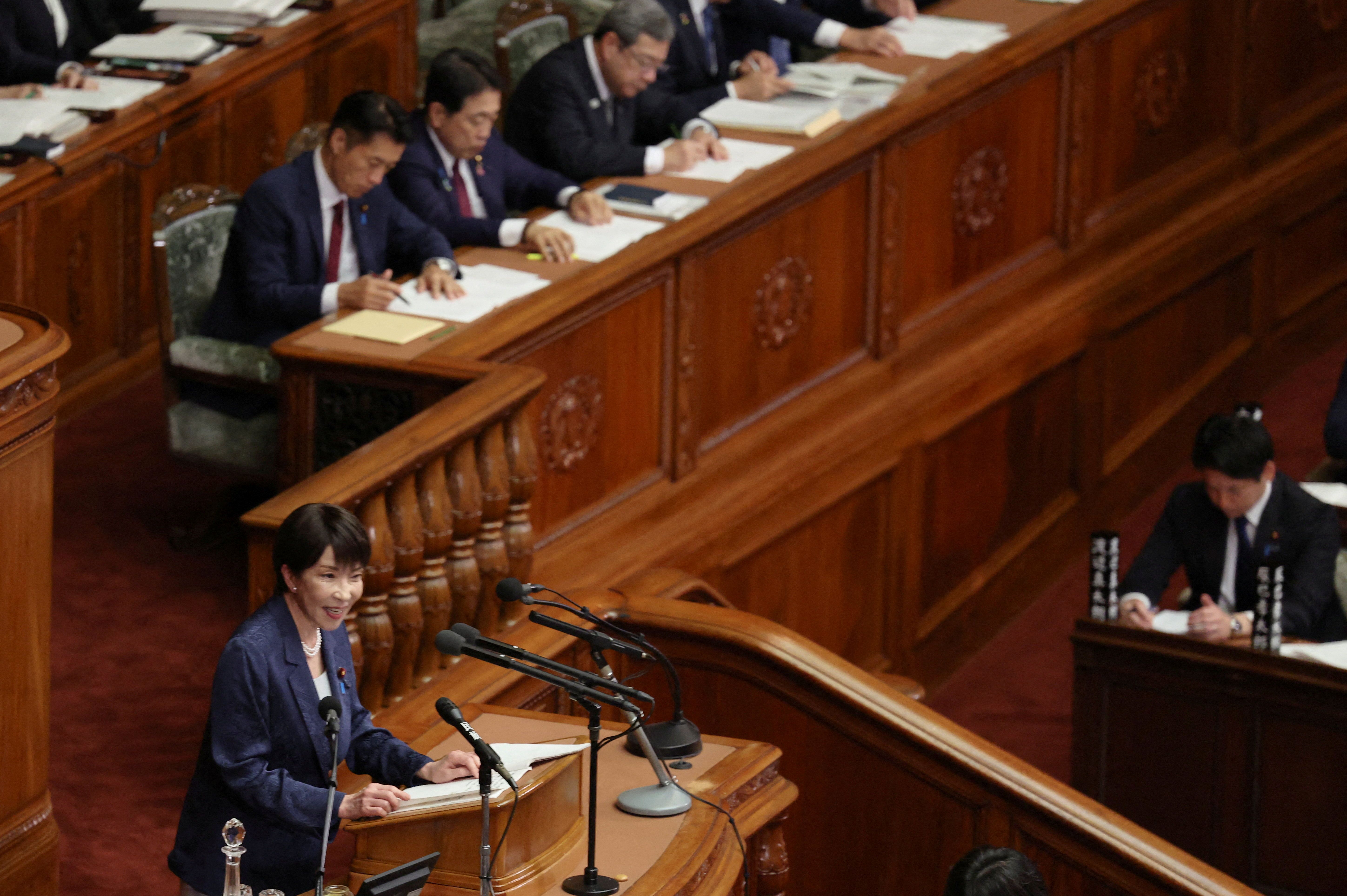 Japan’s Prime Minister Sanae Takaichi delivers her policy speech at the parliament, in Tokyo, Japan.