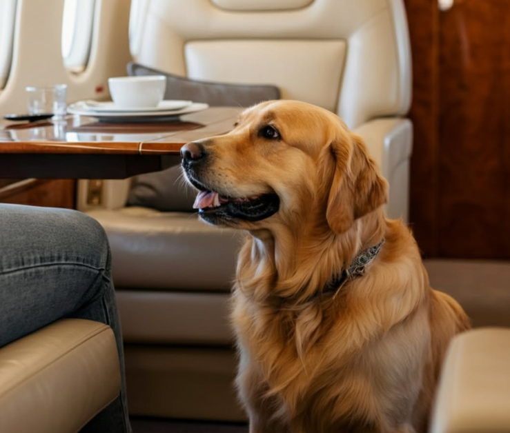 Photo of a golden retriever on a private jet.