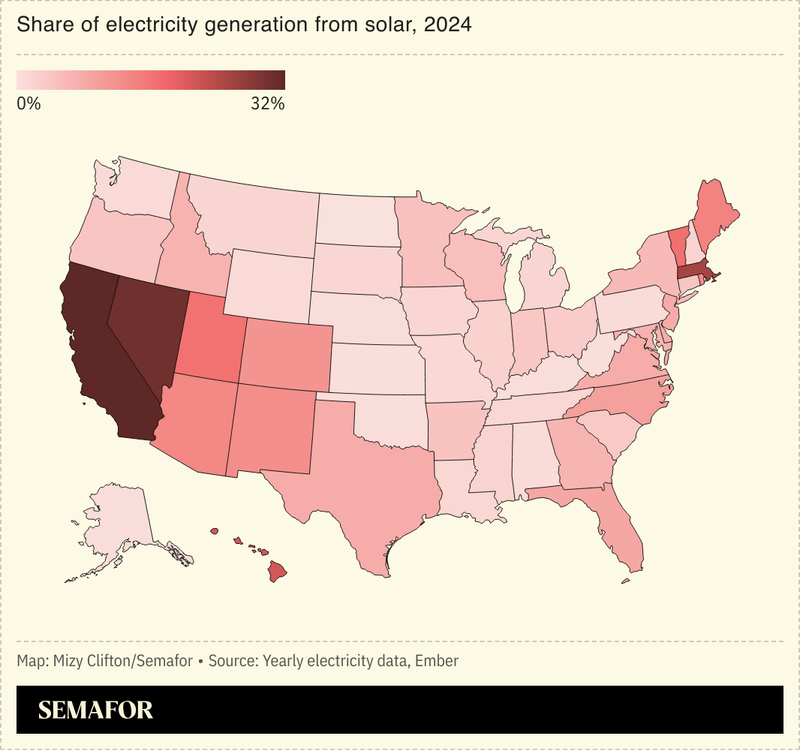 A chart showing US states’ share of electricity generation from solar, 2024.