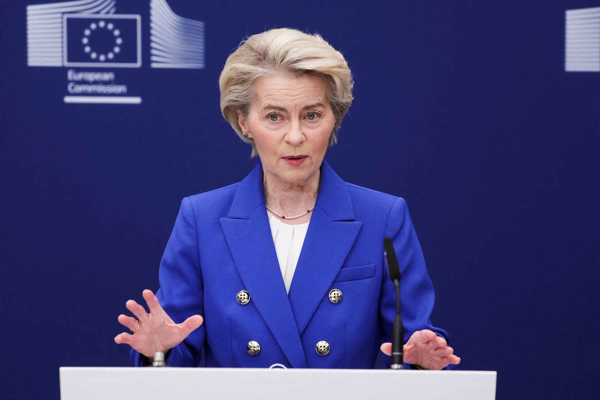 Ursula von der Leyen delivers a statement on plans to strengthen European defense in Brussels. 