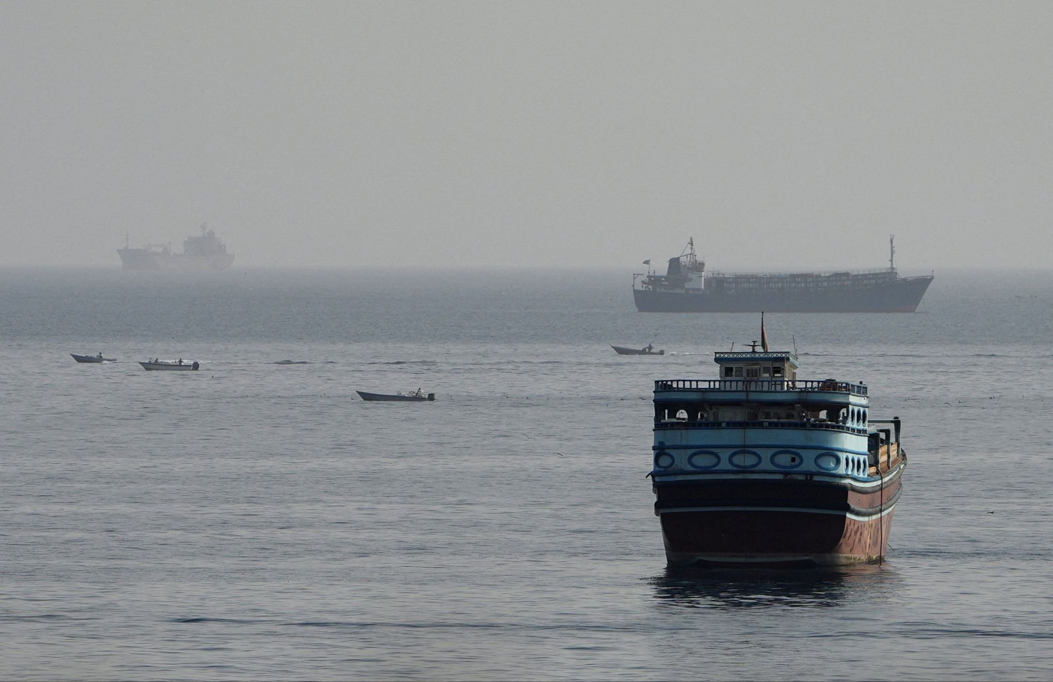 Vessels in the Strait of Hormuz, as seen from Musandam, Oman. 
