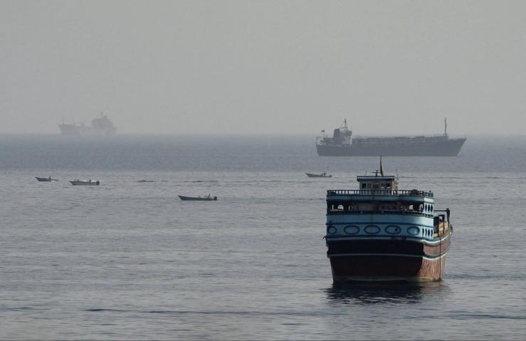 Vessels in the Strait of Hormuz, as seen from Musandam, Oman.