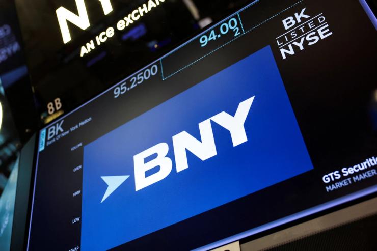 BNY logo on the screen on the floor at the New York Stock Exchange