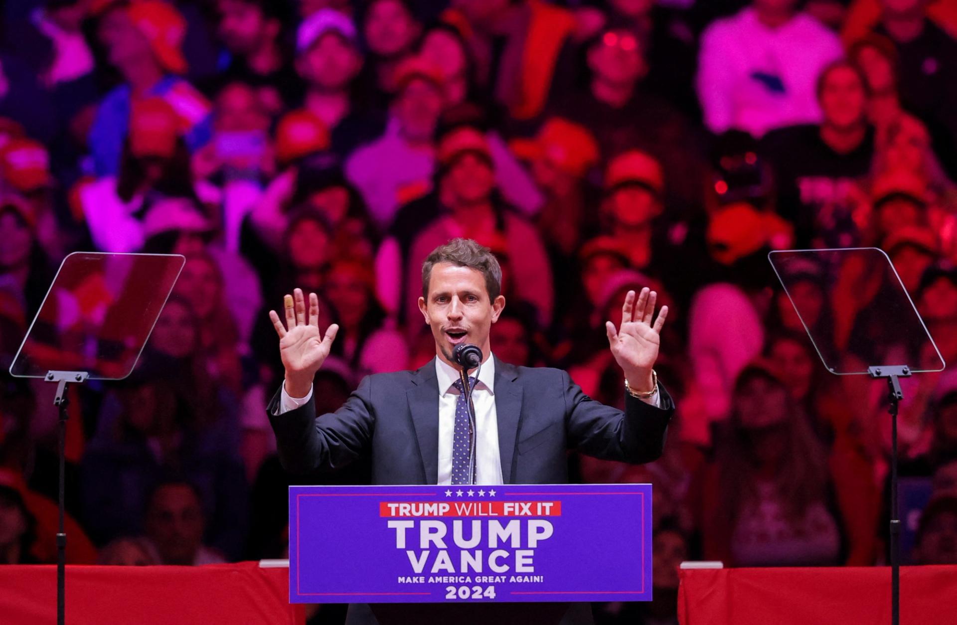 Tony Hinchcliffe speaks at the Trump rally on Sunday night.