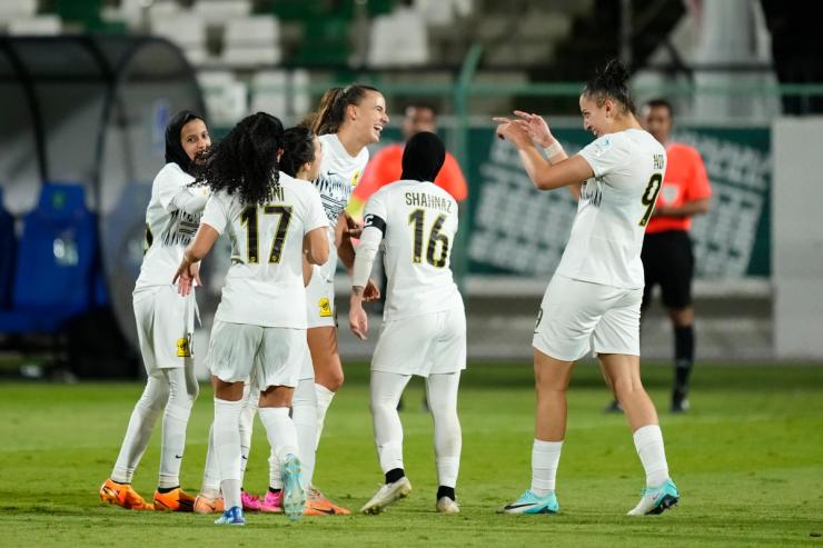 Ashleigh Megan Plumptre of Al Ittihad celebrates after scoring a goal.