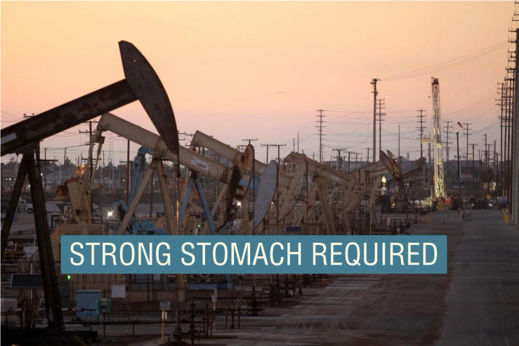 Oil rig pumpjacks, also known as thirsty birds, extract crude from the Wilmington Field oil deposits area where Tidelands Oil Production Company operates near Long Beach, California