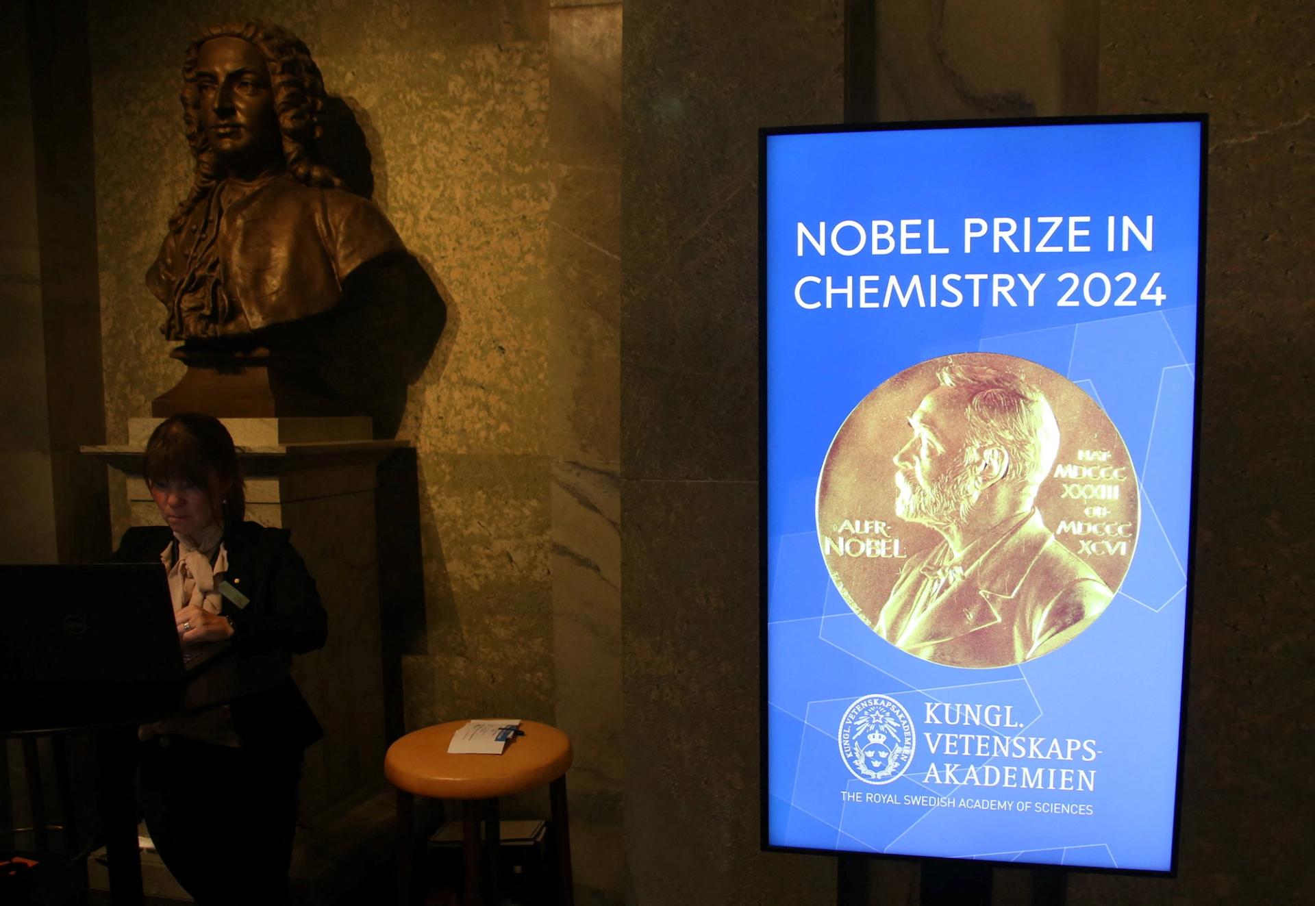 A view of the sign for the Nobel Prize in Chemistry in the Royal Swedish Academy of Sciences