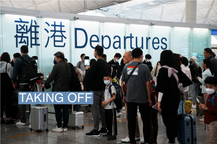 Travellers queue up at the departures hall at Hong Kong International Airport, in Hong Kong, China April 5, 2023. REUTERS/Lam Yik