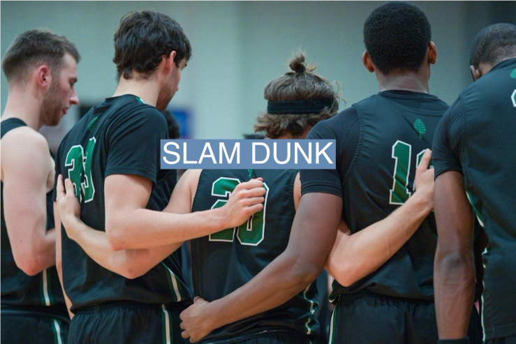 Dartmouth Big Green players embrace during a timeout in a college basketball game between the Dartmouth Big Green and the Boston University Terriers on December 13, 2022.