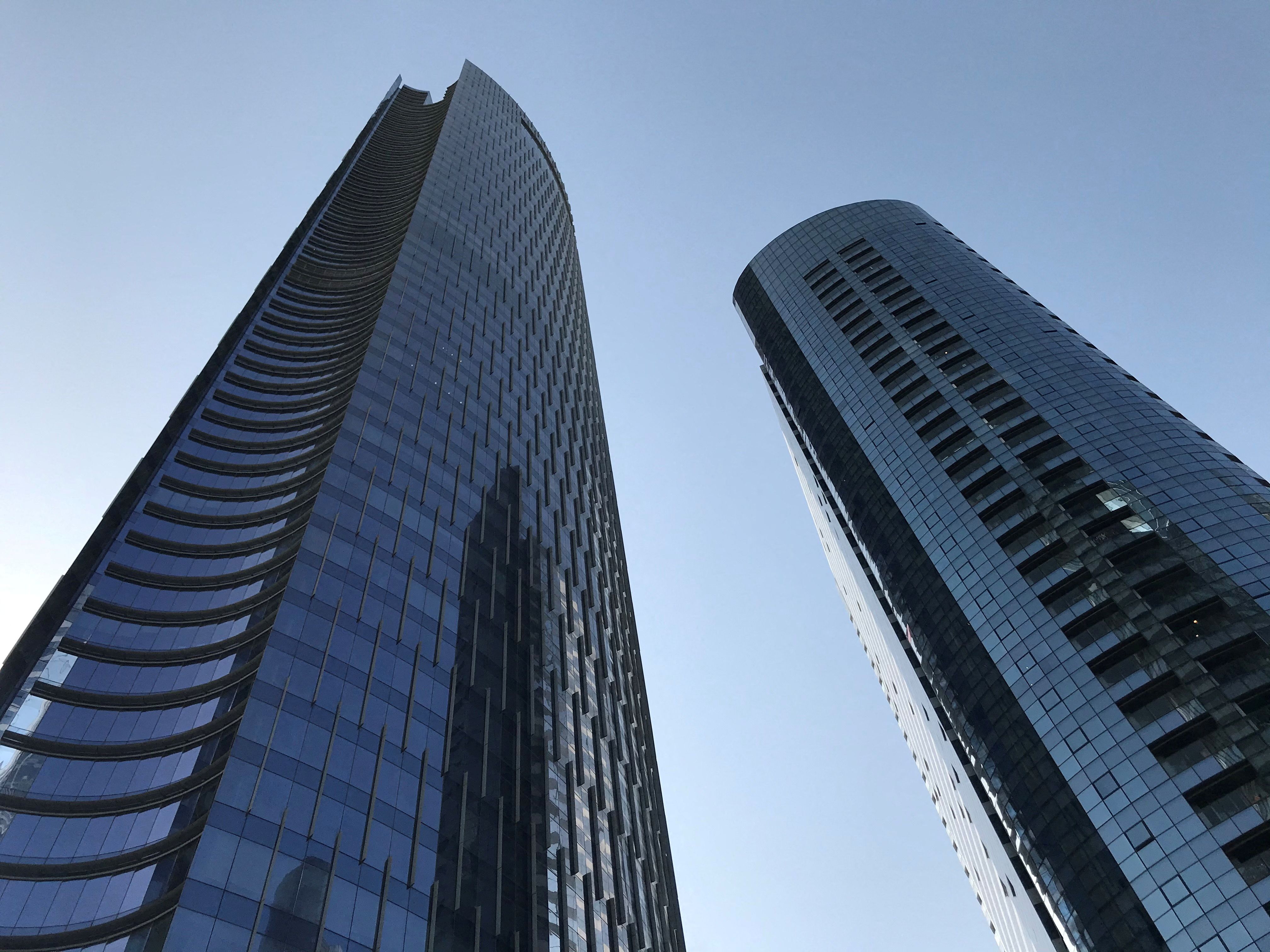 View from the street of Addax Tower in Abu Dhabi, United Arab Emirates.