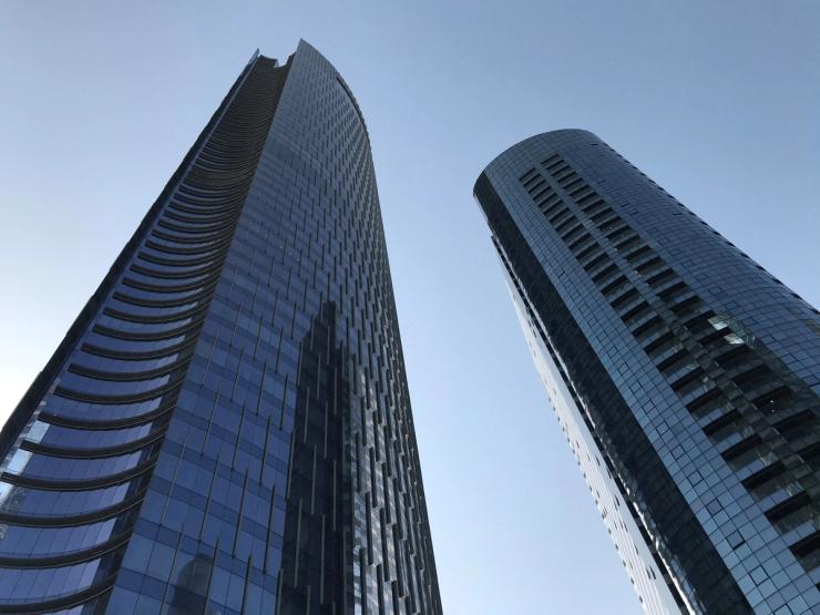 View from the street of Addax Tower in Abu Dhabi, United Arab Emirates.