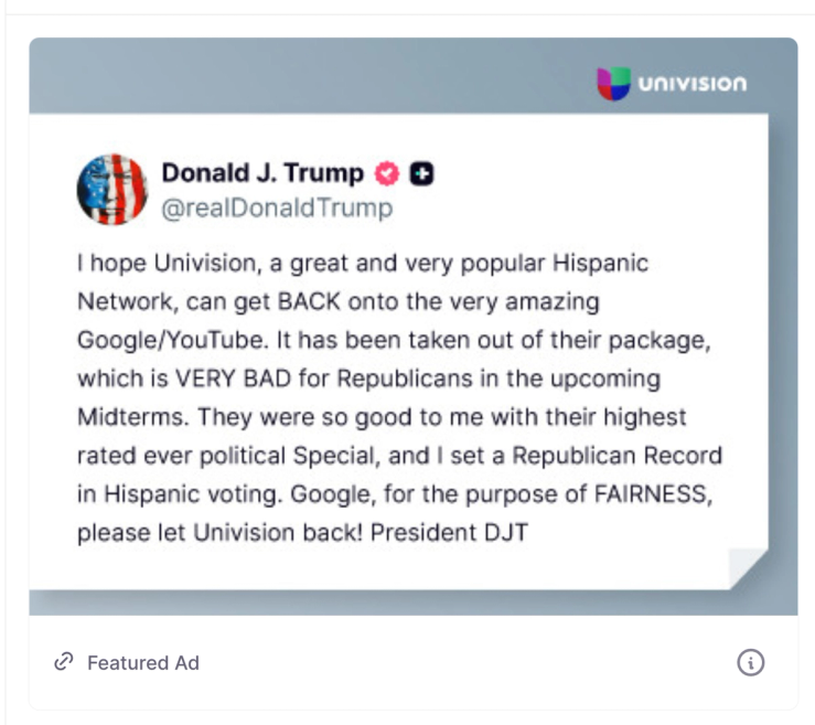The Univision ad as it appears on Truth Social
