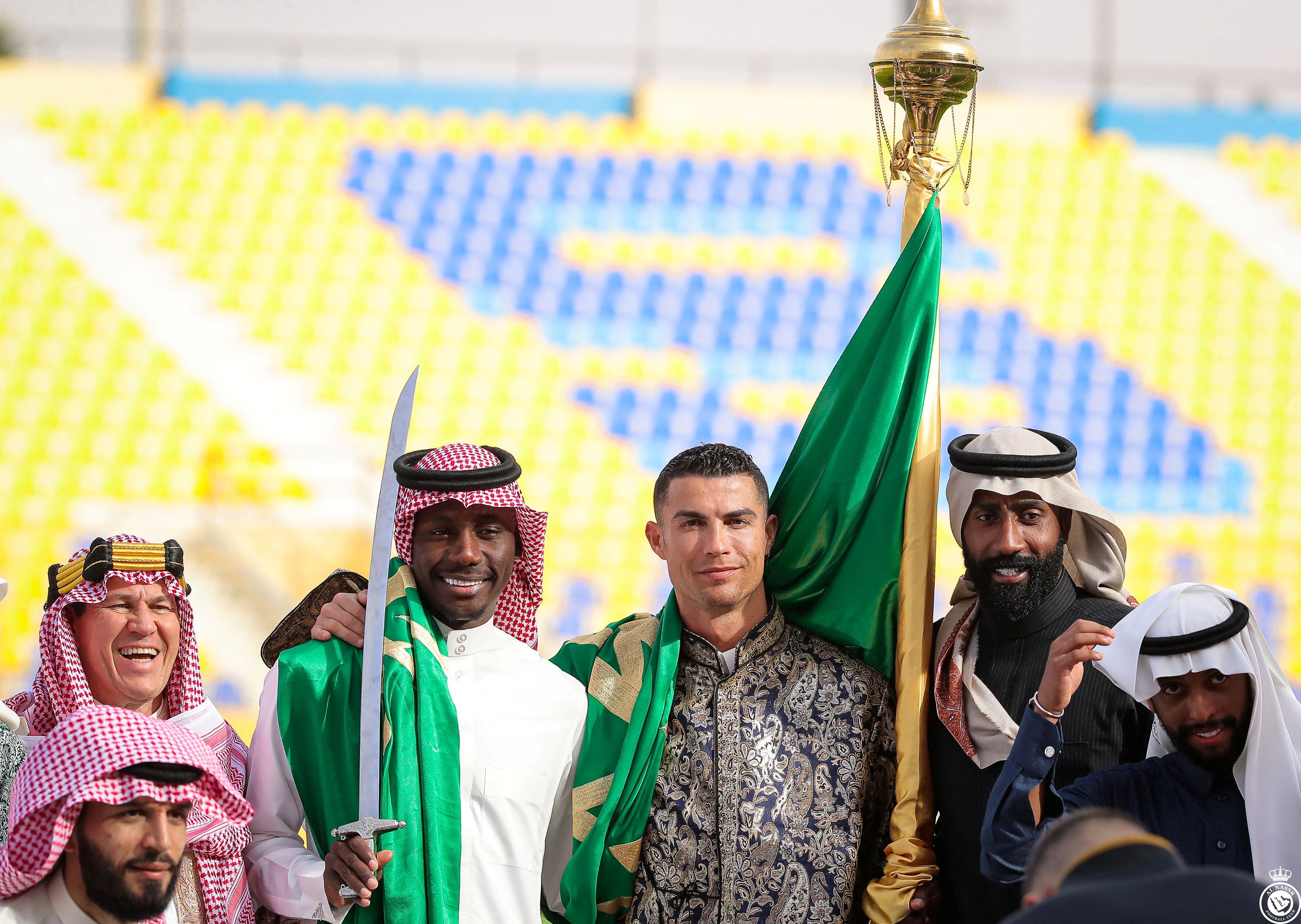 Al-Nassr’s Cristiano Ronaldo celebrates Saudi Arabia’s Founding Day wearing local traditional clothes at Al-Nassr Football Club in Riyadh, Saudi Arabia.