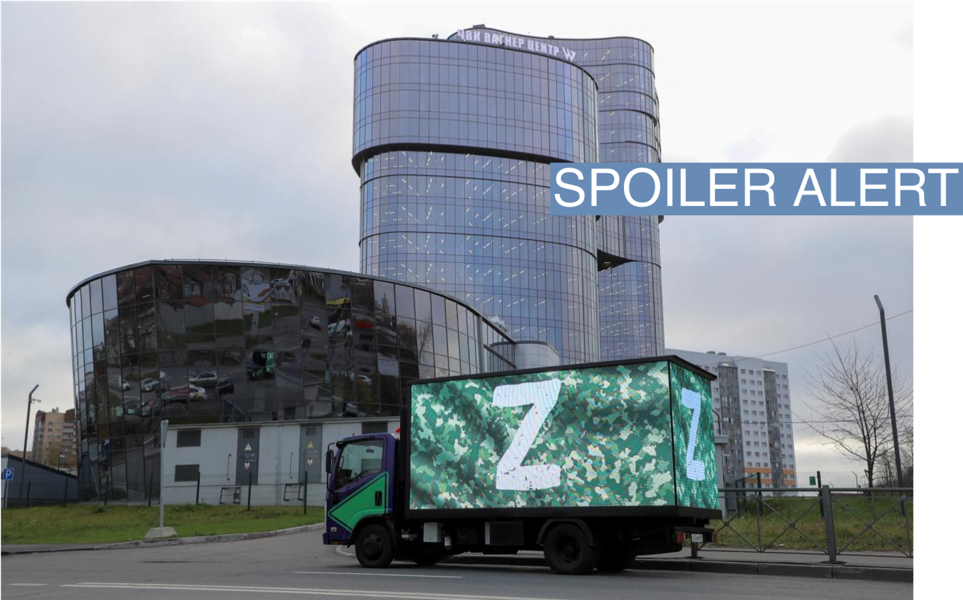 A truck displaying the symbols "Z" in support of the Russian armed forces outside PMC Wagner Centre run by Yevgeny Prigozhin in Saint Petersburg, Russia, November 4, 2022.