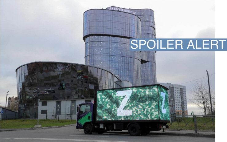 A truck displaying the symbols “Z” in support of the Russian armed forces outside PMC Wagner Centre run by Yevgeny Prigozhin in Saint Petersburg, Russia, November 4, 2022.