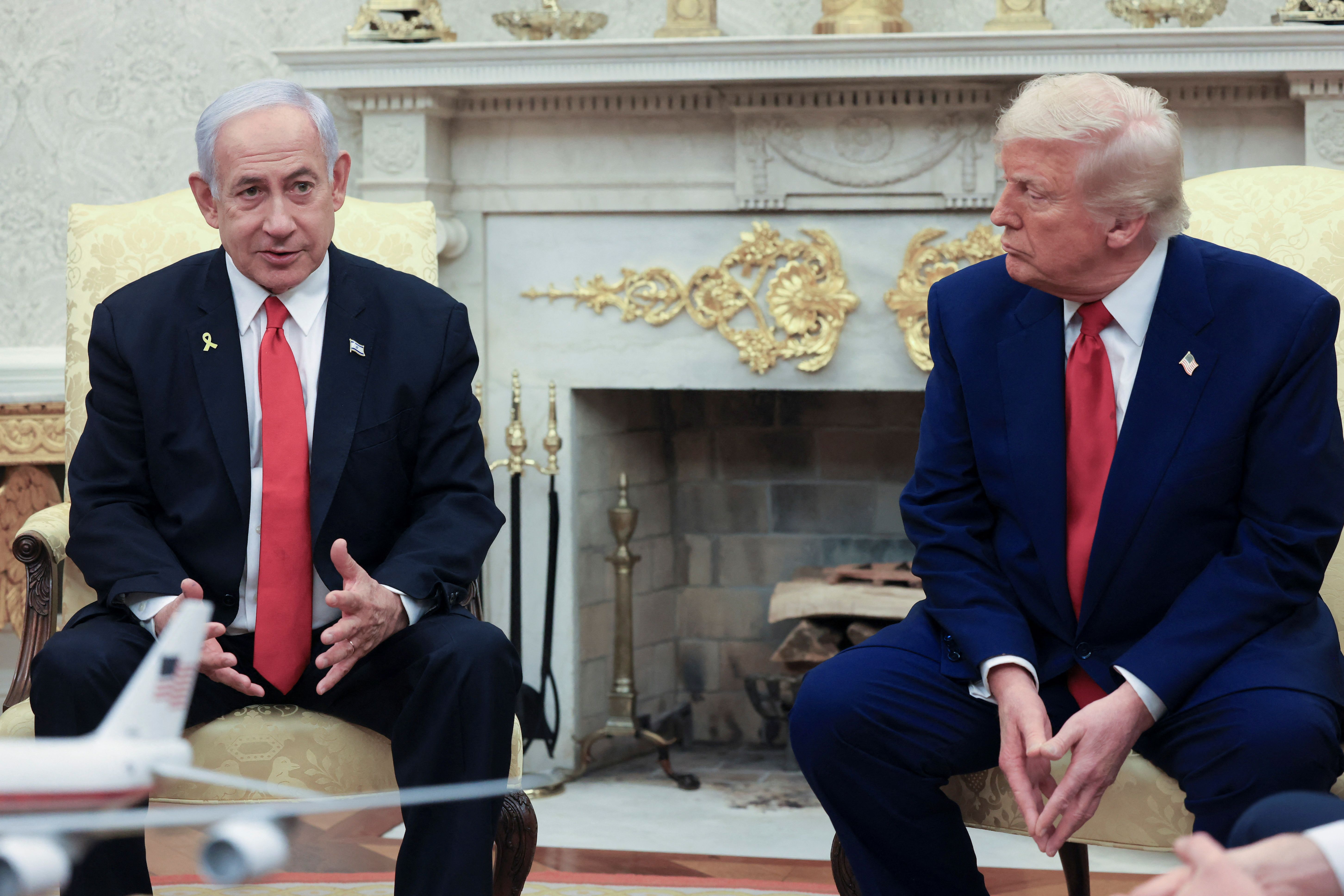 U.S. President Donald Trump meets with Israeli Prime Minister Benjamin Netanyahu in the Oval Office at the White House in Washington, U.S., April 7, 2025. 