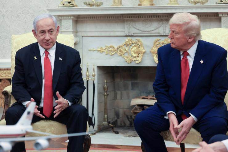U.S. President Donald Trump meets with Israeli Prime Minister Benjamin Netanyahu in the Oval Office at the White House in Washington, U.S., April 7, 2025.
