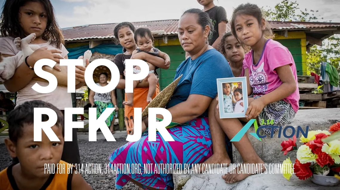 A screenshot from a YouTube advertisement with the text “STOP RFK JR” overlaid.