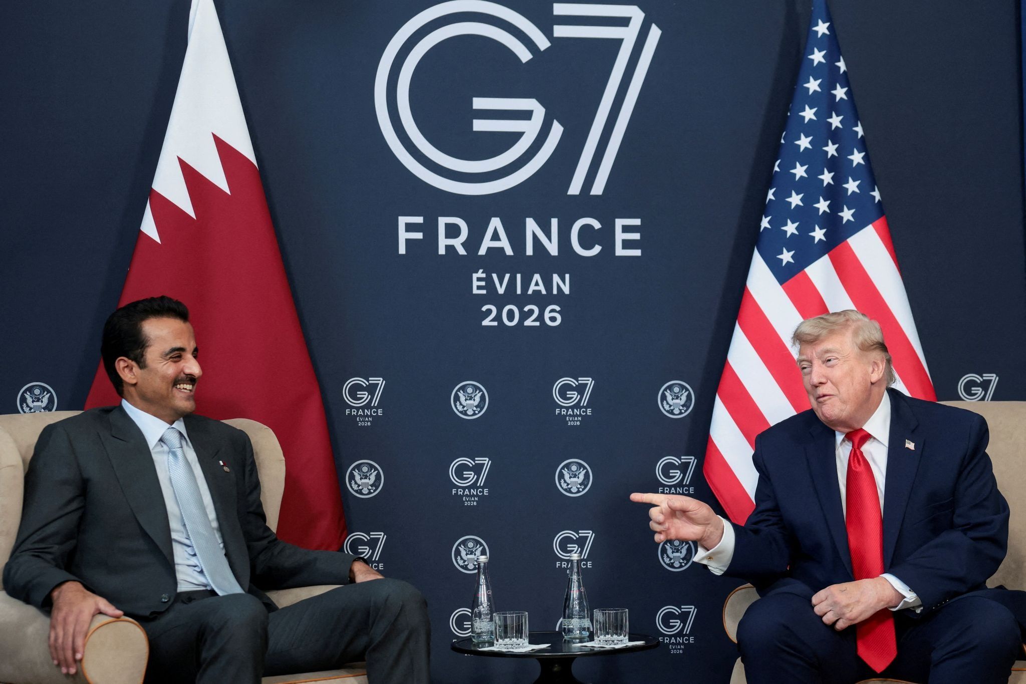 U.S. President Donald Trump attends a bilateral meeting with the Emir of Qatar, Sheikh Tamim bin Hamad Al Thani, on the sidelines of the G7 summit, in Evian-les-Bains, France, June 16, 2026.
