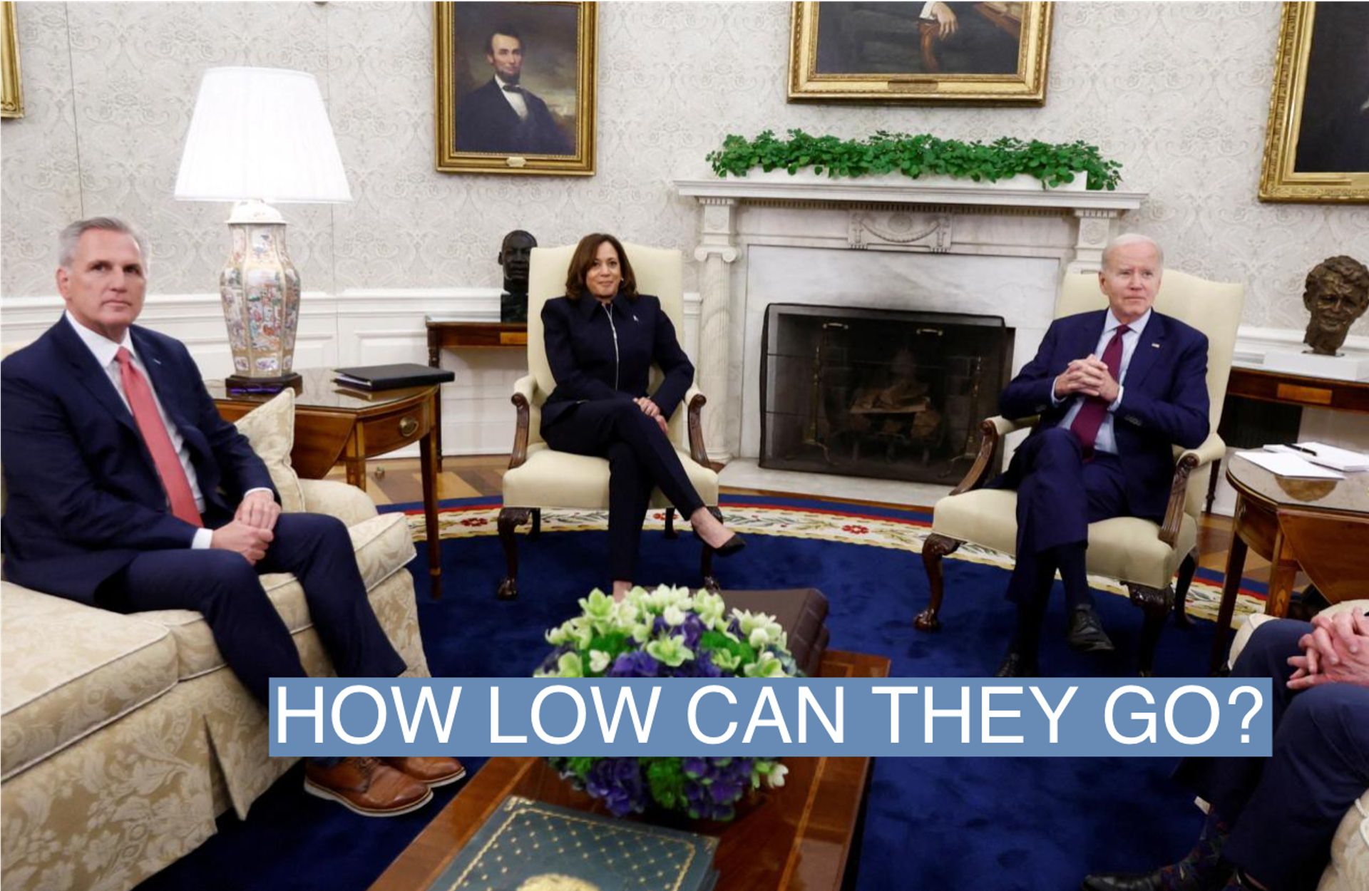 U.S. President Joe Biden hosts debt limit talks with House Speaker Kevin McCarthy (R-CA), Vice President Kamala Harris and other congressional leaders in the Oval Office at the White House in Washington, U.S., May 16, 2023. 