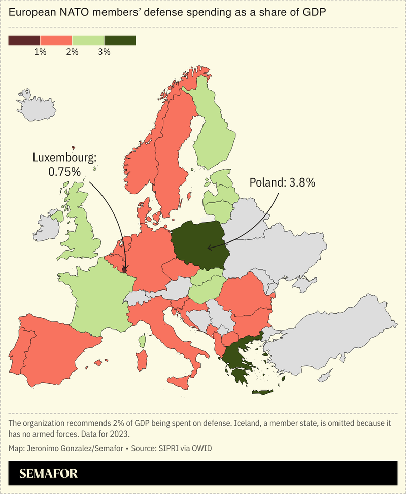 A map showing European NATO members’ spending on defense as a share of GDP