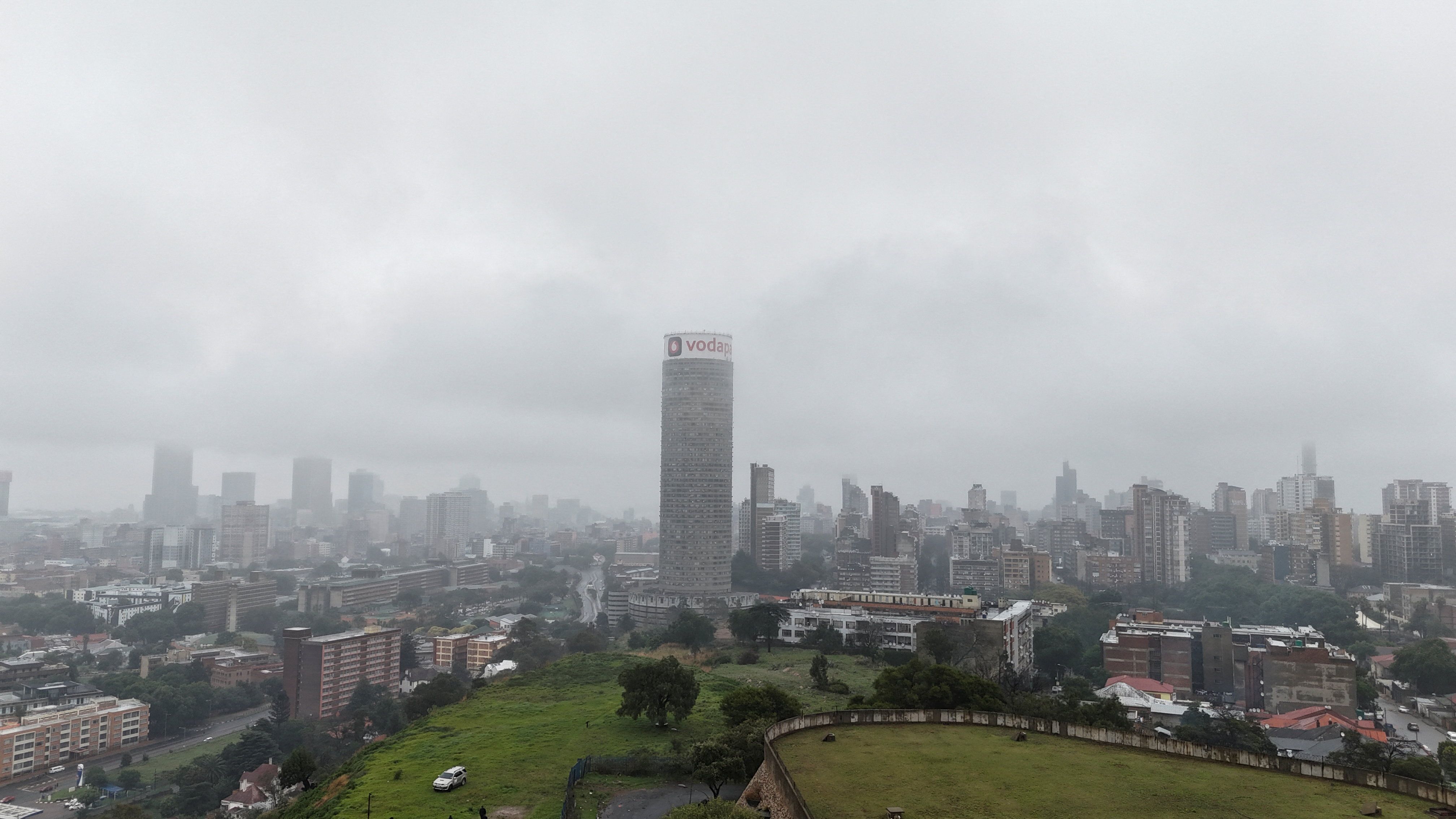 A drone view of the Ponte building, with the city of Johannesburg in the background.