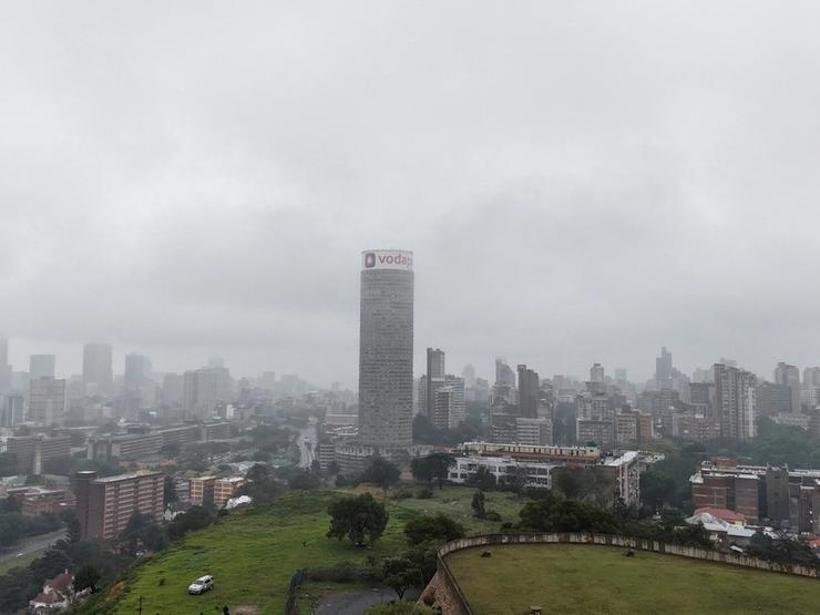 A drone view of the Ponte building, with the city of Johannesburg in the background.