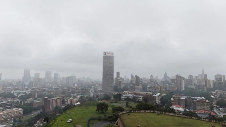 A drone view of the Ponte building, with the city of Johannesburg in the background.