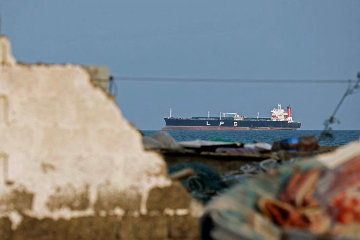 A LPG gas tanker sits anchored as the traffic is down in the Strait of Hormuz