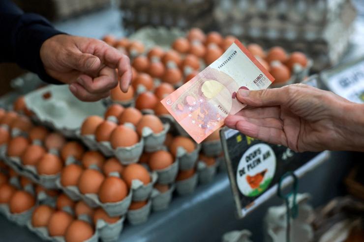Person handing over euro at a market.