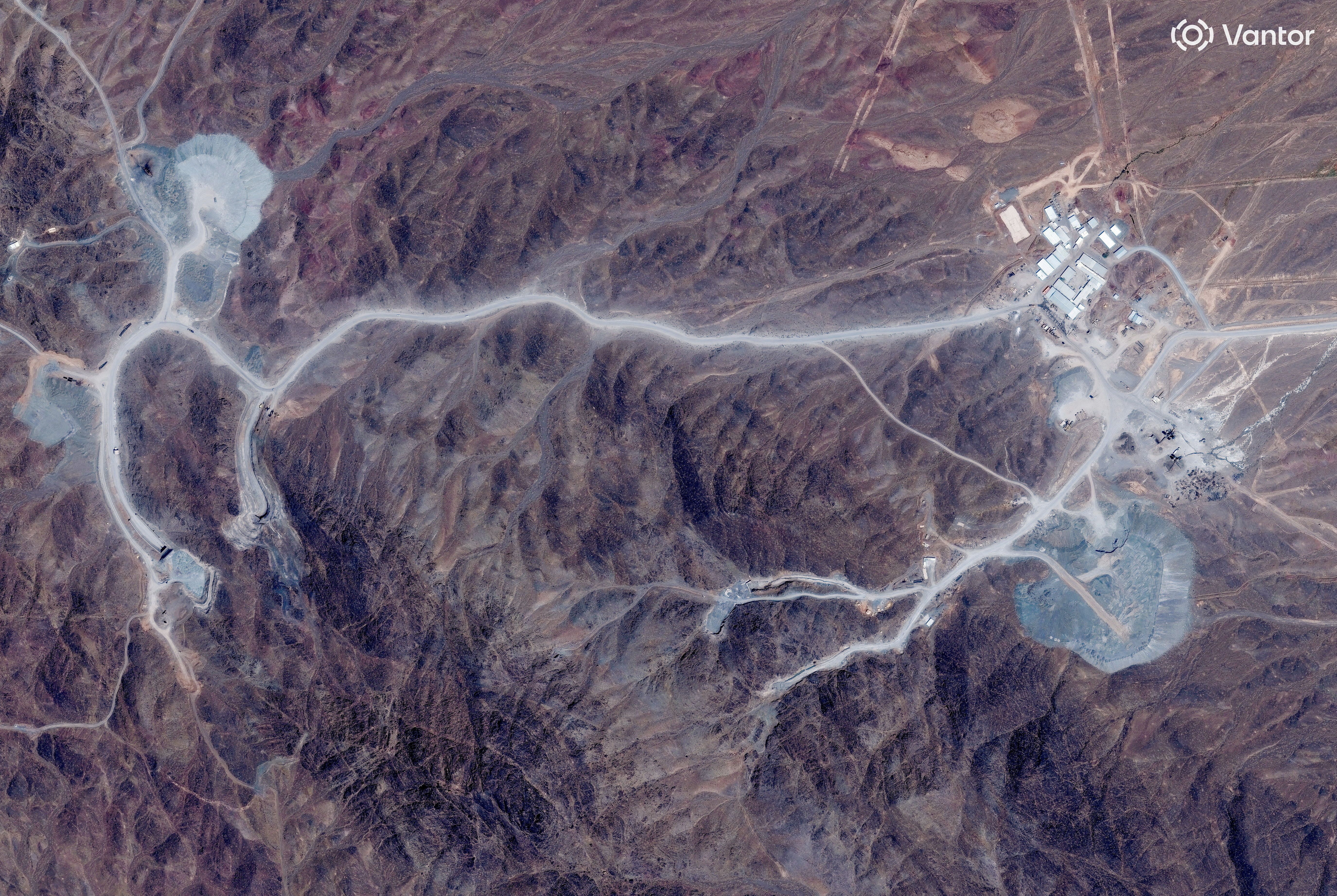 A satellite view shows tunnel entrances at Pickaxe Mountain