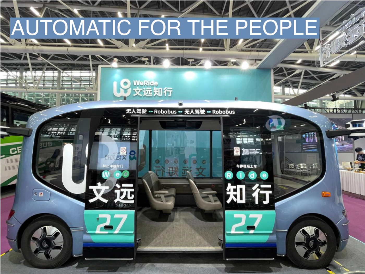 WeRide’s autonomous minibus is shown at a convention.