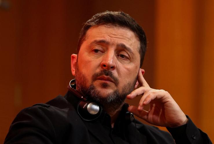 Ukrainian President Volodymyr Zelenskiy attends a panel at Sciences Po university, in Paris.