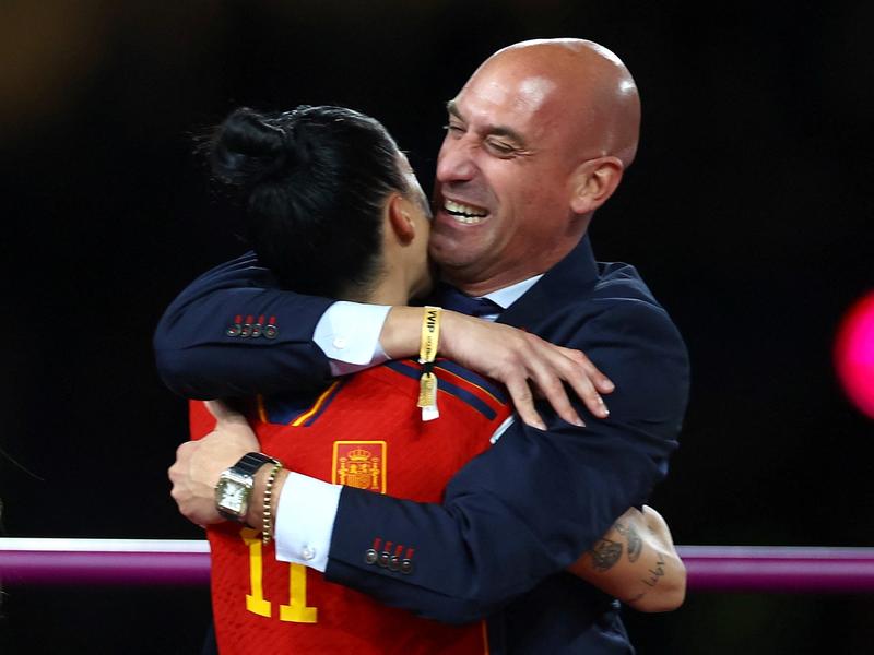 Spain's Jennifer Hermoso and President of the Royal Spanish Football Federation Luis Rubiales after the match REUTERS/Hannah Mckay