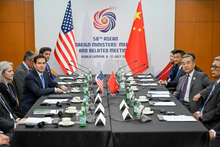 US Secretary of State Marco Rubio meets with China’s Foreign Minister Wang Yi during the 58th ASEAN Foreign Ministers? meeting and related meetings at the Convention Centre in Kuala Lumpur on July 11, 2025.