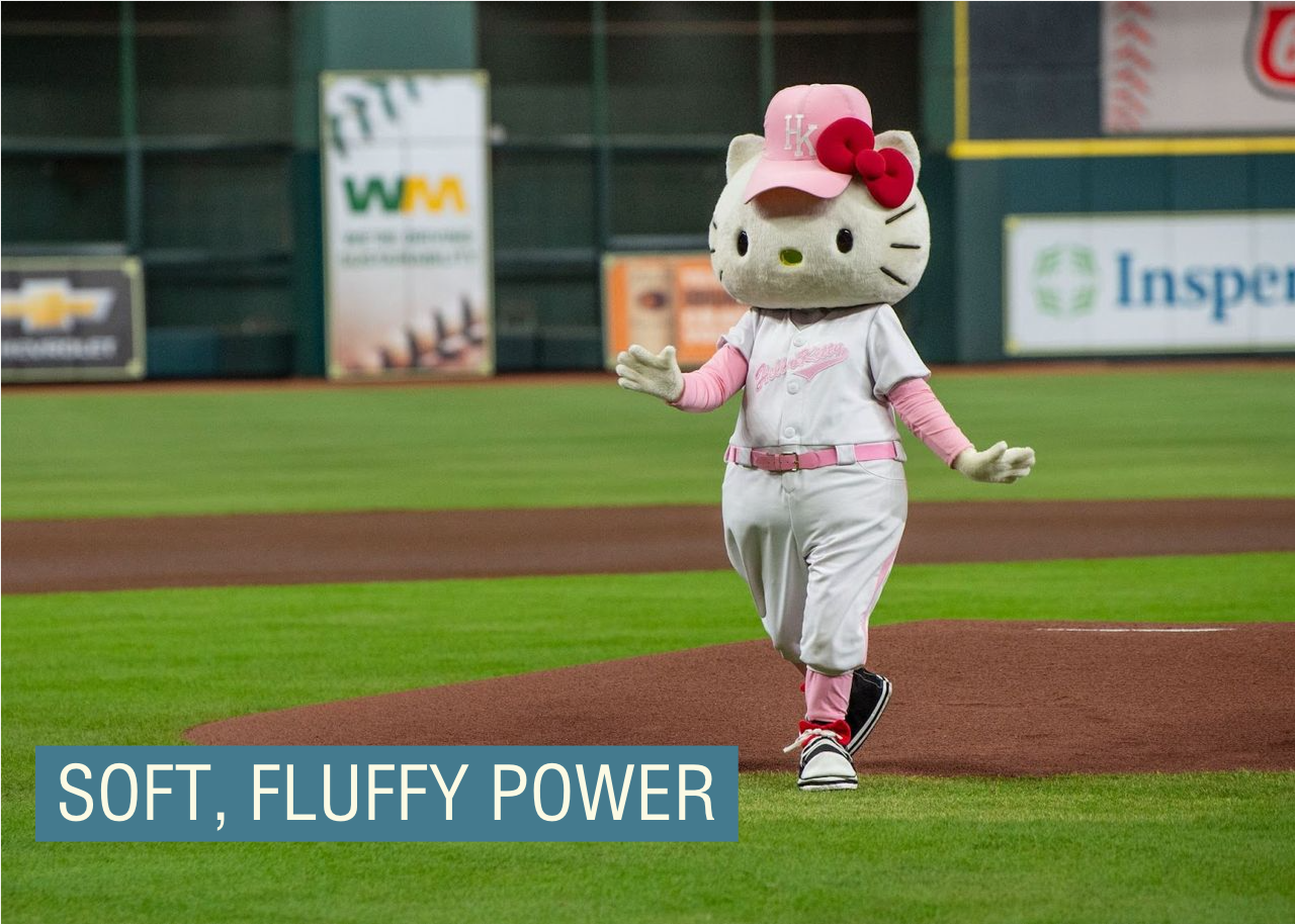 Hello Kitty throws out the ceremonial first pitch on Hello Kitty Night during the MLB baseball game between the Oakland Athletics and the Houston Astros.
