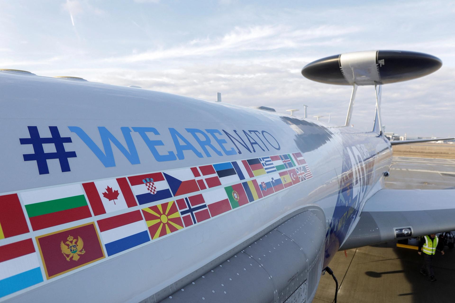 A NATO AWACS surveillance plane parked in Romania.