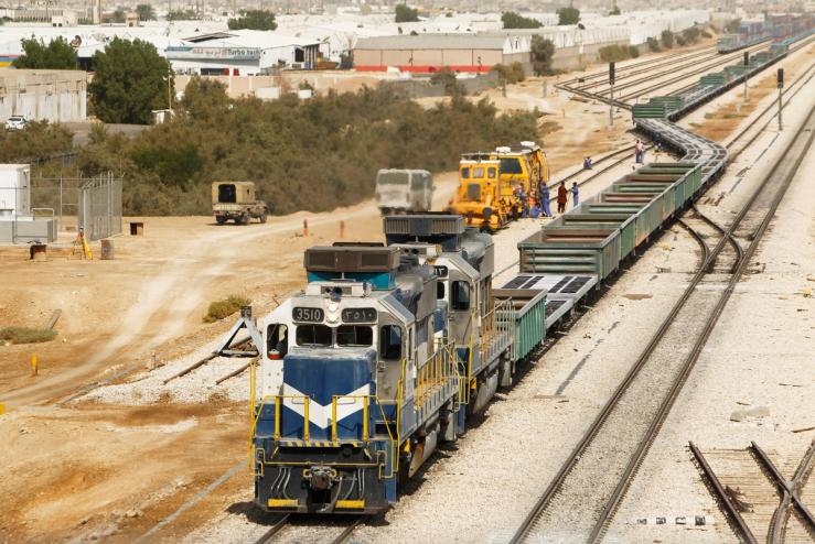 Freight train is seen on a railway station in Riyadh that links Riyadh and the port of Dammam in Saudi Arabia.