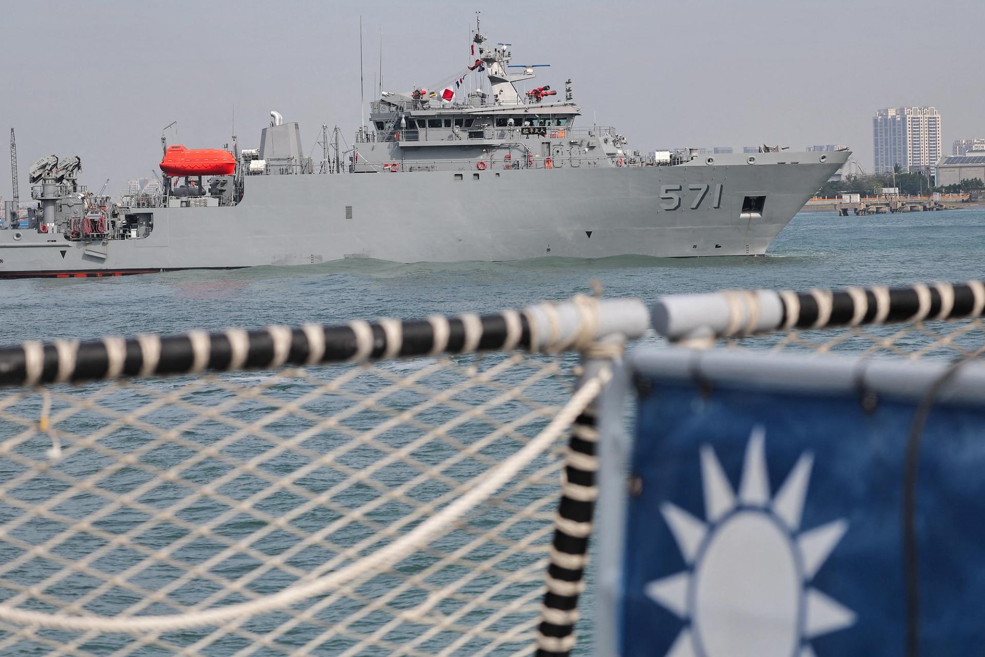 A Da Wu-class rescue and salvage ship sails as the Taiwan military demonstrates combat readiness ahead of the upcoming Lunar New Year holidays as part of an annual exercise in Kaohsiung, Taiwan, in January.