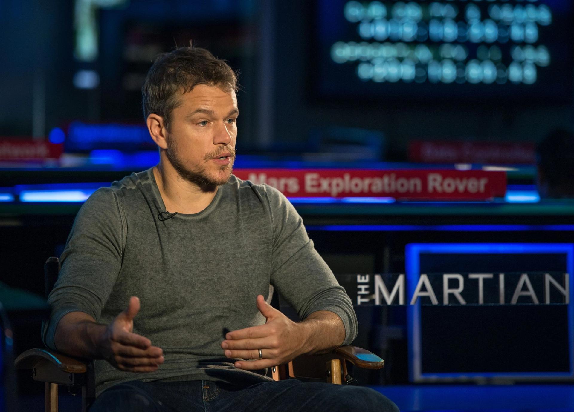 Actor Matt Damon, who stars as NASA Astronaut Mark Watney in the film “The Martian,” participates in media interviews, Tuesday, Aug. 18, 2015, at the Jet Propulsion Laboratory in Pasadena, California.