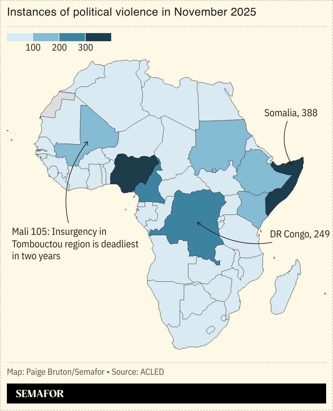 Map of political violence across Africa in November 2025.