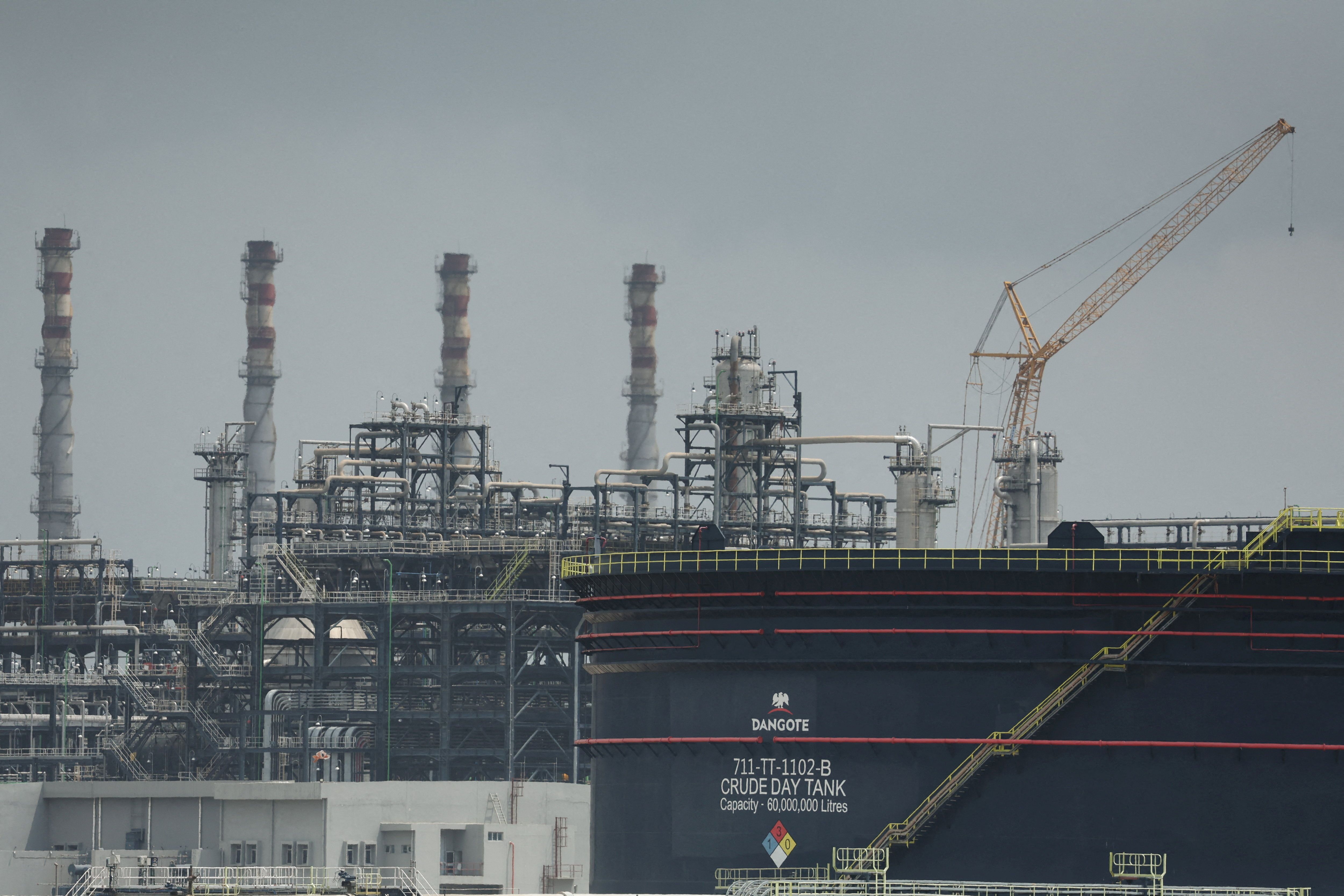A Dangote crude oil tank is seen inside the Dangote Industries oil refinery and fertilizer plant site in the Ibeju Lekki district of Lagos.