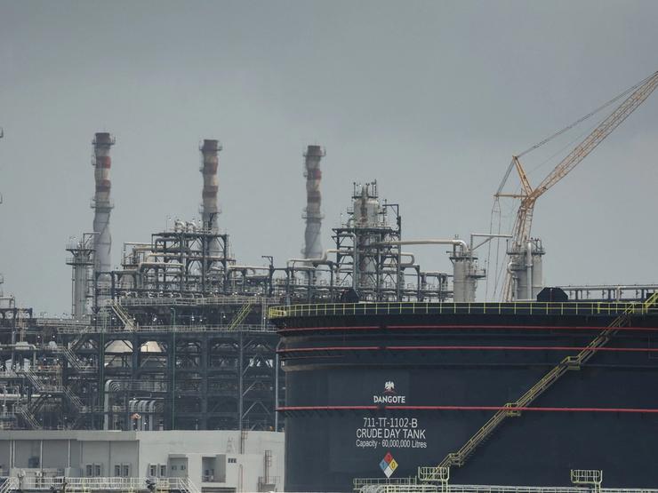 A Dangote crude oil tank is seen inside the Dangote Industries oil refinery