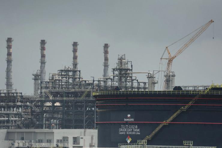 A Dangote crude oil tank is seen inside the Dangote Industries oil refinery and fertilizer plant site in the Ibeju Lekki district of Lagos.