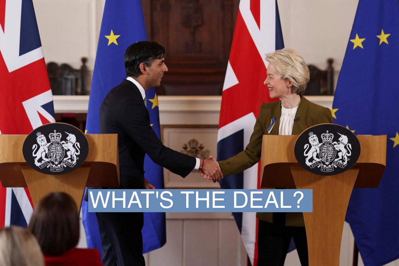 British Prime Minister Rishi Sunak and European Commission President Ursula von der Leyen shake hands as they hold a news conference at Windsor Guildhall, Britain, February 27, 2023. Dan Kitwood/Pool via REUTERS