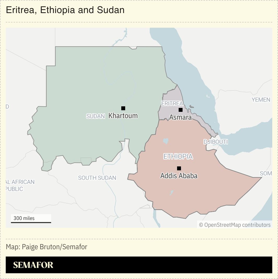 A map of Eritrea, Ethiopia and Sudan.