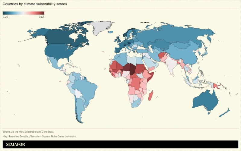 A map showing countries ranked by climate vulnerability