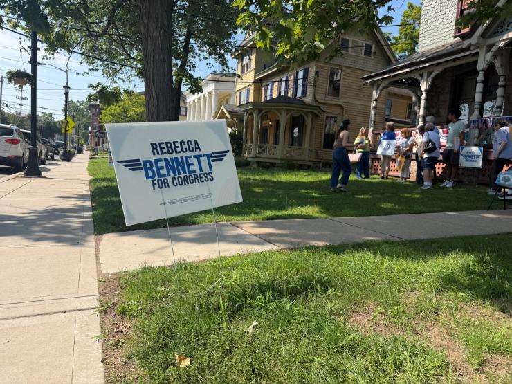 A lawn sign for Rebecca Bennett, a House Democratic nominee in a competitive race