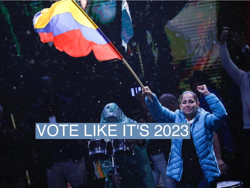 Ecuadorean presidential candidate Luisa Gonzalez waves Ecuador's flag during a campaign rally, in Quito